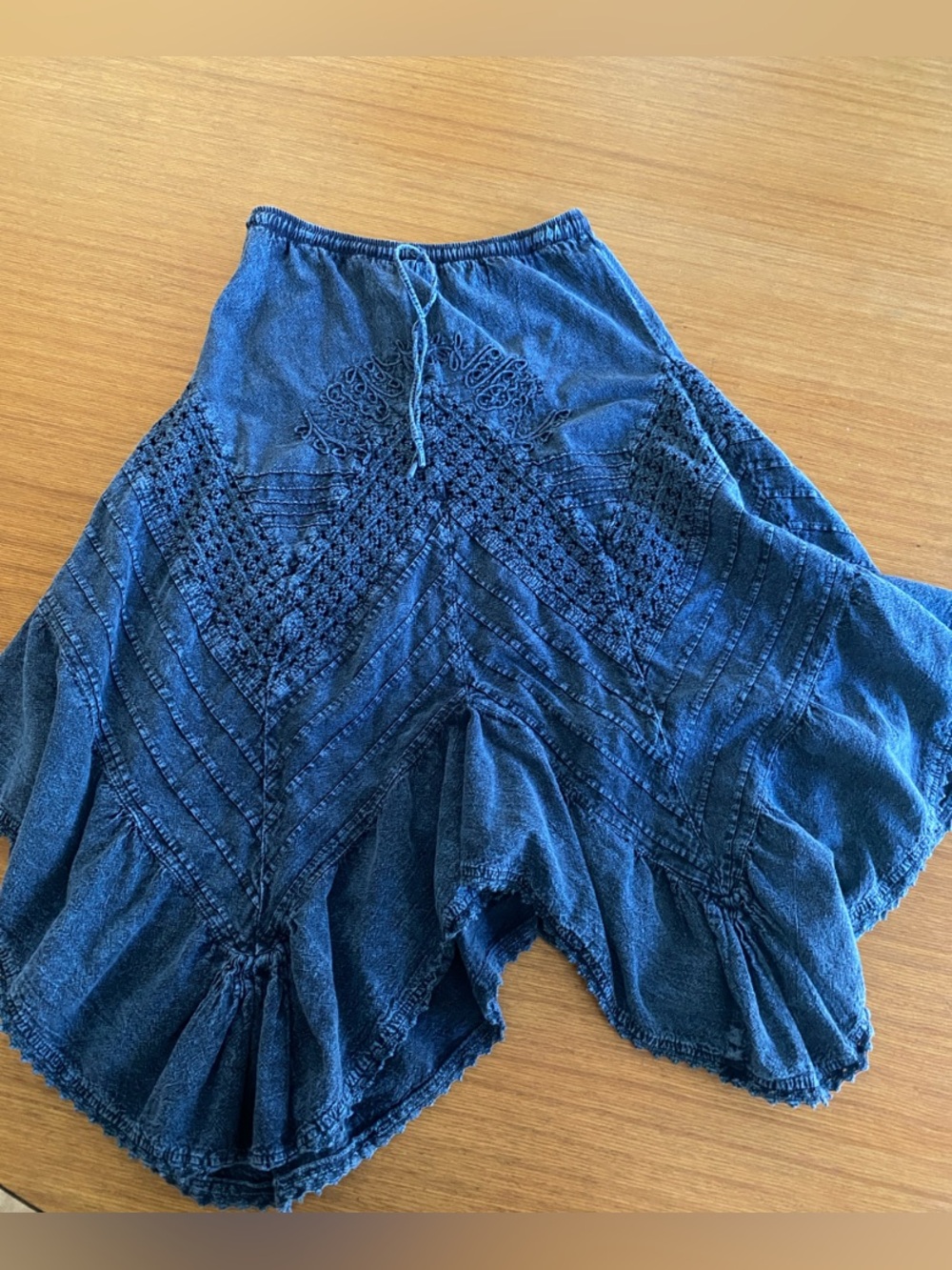 American South Side Bohemian Indigo Blue Handkerchief Hem Tiered Midi Skirt Peru